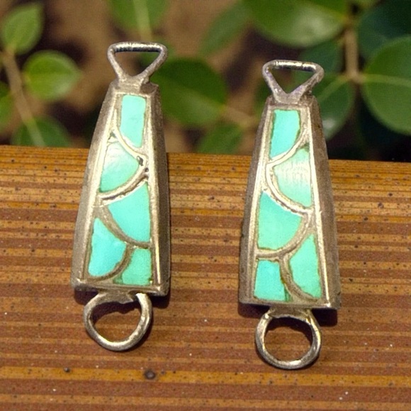 Very Old Navajo Sterling Silver Watch Tips Old Pawn Blue Turquoise Inlay main image 4